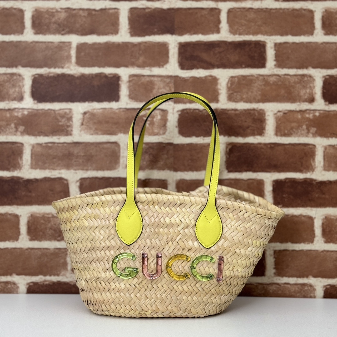 G*u*i mini straw tote with G*u*i logo